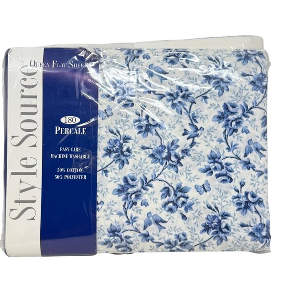 Springs Springmaid Bluebirds Queen Flat Fitted Pillowcases Blue Floral 50/50 Set - Picture 2 of 7
